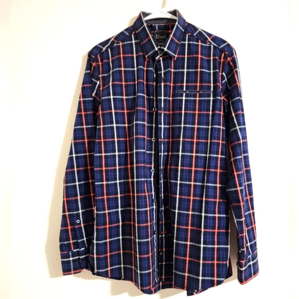 7 Diamonds Men's Navy Blue Plaid Long Sleeve Button-Down Shirt | Classic Fit